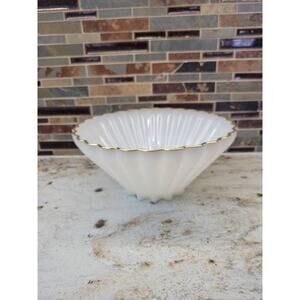 Vintage Anchor Hocking Bowl Shell Milk Glass, Gold Trim Large